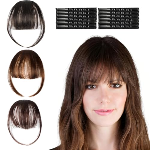 KEMUZ 3er Set Pony Haarteil, Natürliches Clip In Haarteil mit luftigen Französischen Bangs für Damenperücken, Einfach anzubringen und perfekt, Ideal für Frauen mit schütterem Haar (3 Farben) von KEMUZ