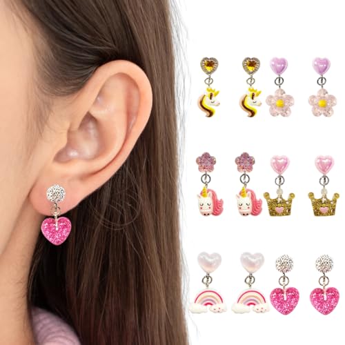 KEMUZ 6 Paar Clip Ohrringe Kinder, Bunte Nicht Durchbohrte Ohrclips Aus Kunstharz Mit Einhorn Regenbogen Krone Blume Und Herz Zum Anklipsen Von Prinzessinnen Schmuckzubehör von KEMUZ
