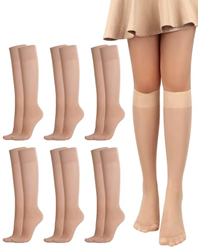 KEMUZ 6 Paar Kniestrümpfe Damen 15 DEN Nylonstrümpfe Ultra Transparente Reißfest Nylon Socken für Den Täglichen Gebrauch Besuch von Tanzpartys Einheitsgröße(Fleischfarbe) von KEMUZ