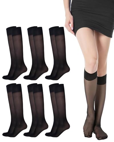KEMUZ 6 Pack Knie Seidenfein 15 DEN transparente Nylon Fein-Kniestrümpfe seidig glänzend für Den Täglichen Gebrauch Besuch von Tanzpartys Einheitsgröße(Schwarz) von KEMUZ