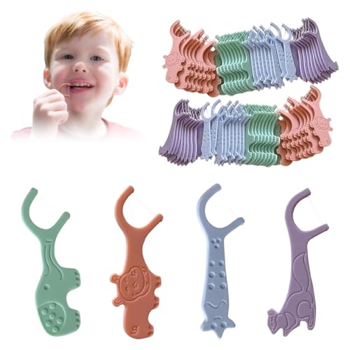 KEMUZ 80 Stück Zahnseide Kinder,Zahnseide Mit Kindergerechtem Griff, Zahnseide Stick Kinde Dental Floss Für Engen Zahnzwischenräume(Eichhörnchen, Elefant, Nilpferd, Sternschnuppe) von KEMUZ