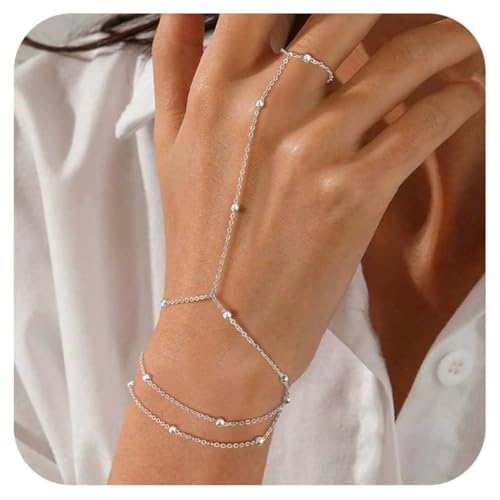 KEMUZ 925 Silber Handkettchen Armband, Zarter 14K Gold Finger Ring Mit Zirkon, Handkette Schmuck Für Frauen, Trendige Sommer Boho Strandmode, Modeschmuck Geschenk,Boho Schmuck von KEMUZ