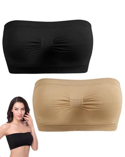 KEMUZ Bandeau BH Damen Trägerlos – 2er Set Ohne Bügel mit Rutschfesten Silikonstreifen | Nahtloser Bustier BH für Hochzeit, Yoga & Alltag | Inkl. Transparenten Trägern von KEMUZ