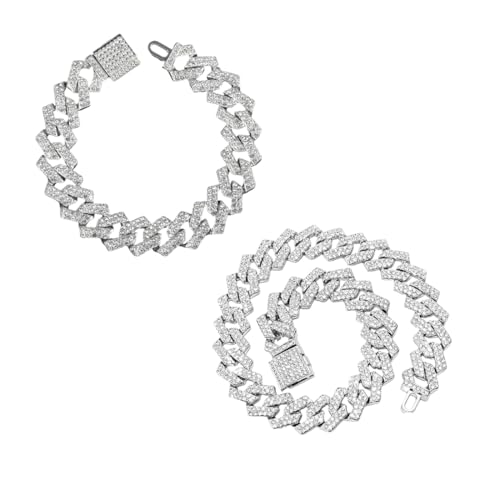 KEMUZ Iced Out Kette Cuban Chain Und Armband 2Er Set, Halskette Für Damen Und Herren Mit Flip-Lock Verschluss, Elegantes Collier Mit Zirkonia Steinen, Stilvolles Geschenk Für Paare Und Freunde von KEMUZ