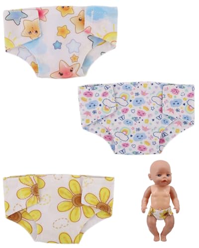 KEMUZ Puppenwindeln Stoff 3er Set für American Girl Doll - Weiche Baumwollunterwäsche mit Blumen, Wolken & Sternen Design - Wiederverwendbar & Waschbar von KEMUZ