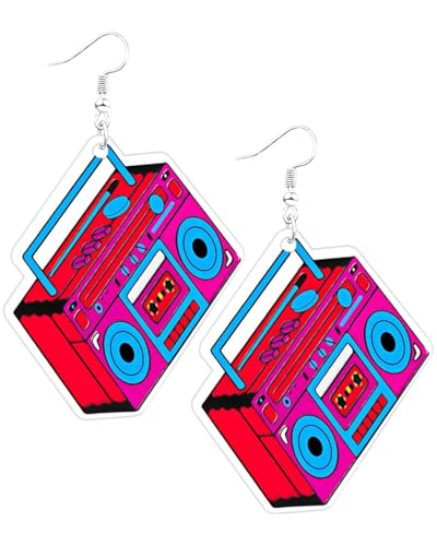 KEMUZ Retro Kassettenband Ohrringe Neon-Ohrring, Jahre Ohrringe Frauen Hängeohrringe, große Retro-Kassettenband-förmigen, Acryl-Hängeohrringe für 70er 80er 90er Jahre Karneval Party Accessoires von KEMUZ