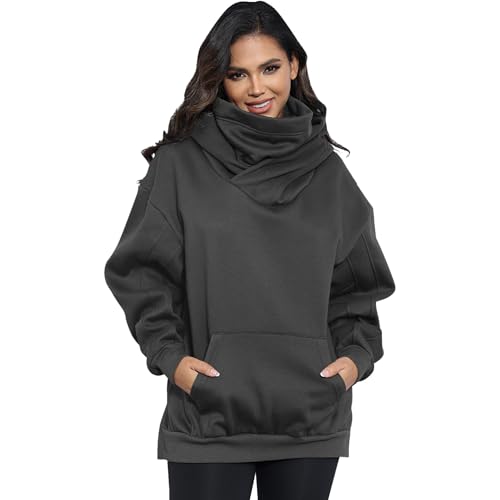 KENAIJING Damens Fleece Hoodie mit Schal, Baumwoll Oversize Pulli Kapuzenpullover Pullover Sweater Sweatshirt Mit Kapuze Urban（Dunkelgrau, 4XL） von KENAIJING