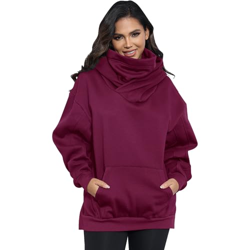 KENAIJING Damens Fleece Hoodie mit Schal, Baumwoll Oversize Pulli Kapuzenpullover Pullover Sweater Sweatshirt Mit Kapuze Urban（Rot, 3XL） von KENAIJING
