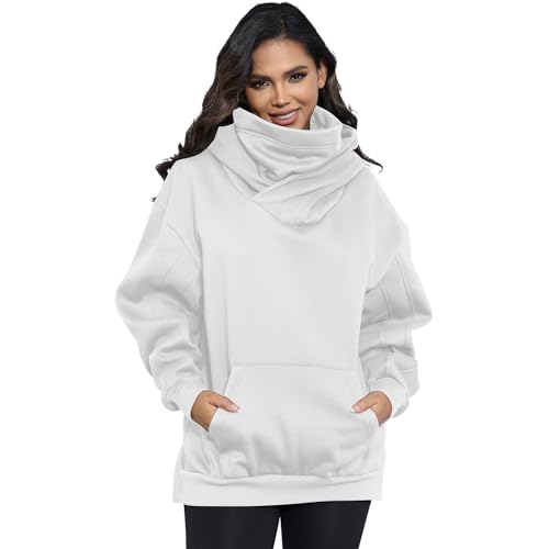 KENAIJING Damens Fleece Hoodie mit Schal, Baumwoll Oversize Pulli Kapuzenpullover Pullover Sweater Sweatshirt Mit Kapuze Urban（Weiß, L） von KENAIJING