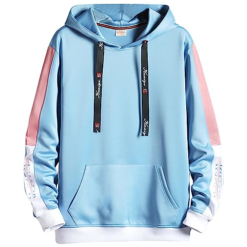 KENAIJING Herren Hoodie, Herren Sweatshirt Japanischer Harajuku Kapuzenpullover Farbblock Hoody(Blau, 3XL) von KENAIJING