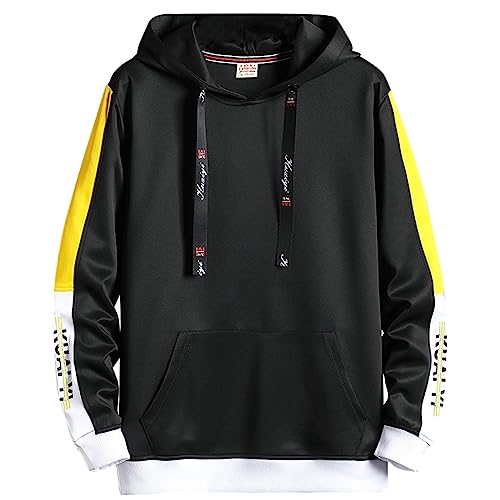 KENAIJING Herren Hoodie, Herren Sweatshirt Japanischer Harajuku Kapuzenpullover Farbblock Hoody(Schwarz, 3XL) von KENAIJING