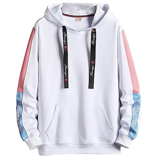 KENAIJING Herren Hoodie, Herren Sweatshirt Japanischer Harajuku Kapuzenpullover Farbblock Hoody(Weiß, 3XL) von KENAIJING