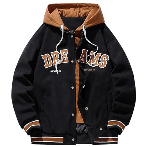 KENAIJING Herren Jacke, Herren Casual Kapuzenjacke Herbst und Winter Baseball Kleidung Fake Zweiteilige Jacke Tops, Schwarz, XXL von KENAIJING