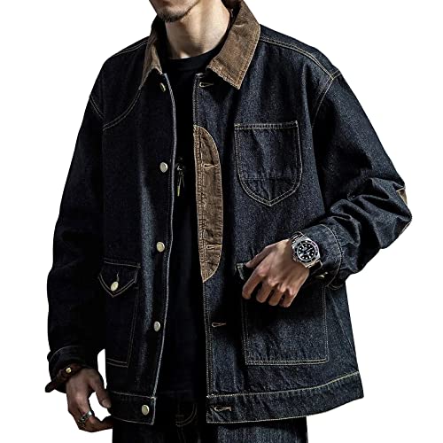 KENAIJING Herren Jacken, Corduroy Jeans Spleißen Freizeit Revers Mantel, Schwarz, 4XL von KENAIJING