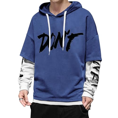 KENAIJING Herren Hoodie Bedruckter Harajuku Straßenstil Outdoor Patchwork Kapuzenpullover Baumwolle Pullover (Blau, XXL) von KENAIJING