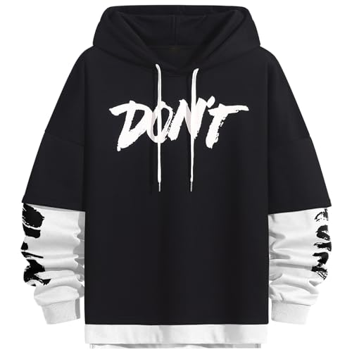 KENAIJING Herren Hoodie Bedruckter Harajuku Straßenstil Outdoor Patchwork Kapuzenpullover Baumwolle Pullover (Schwarz, L) von KENAIJING