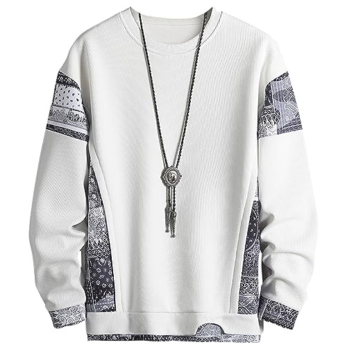 KENAIJING Herren Sweat, Basic Rundhalsausschnitt Langarm Waffelgewebe Casual Top Sweatshirt (Weiß, 2XL) von KENAIJING