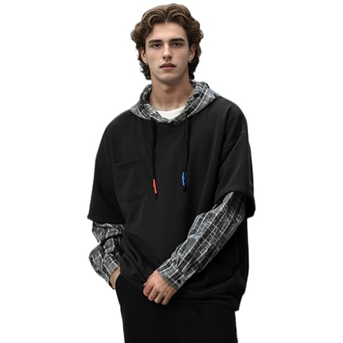 KENAIJING Herren Kapuzen, Basic Langarm Sweatshirts Techwear Harajuku Hip Hop Streetwear Casual (Schwarz, L) von KENAIJING