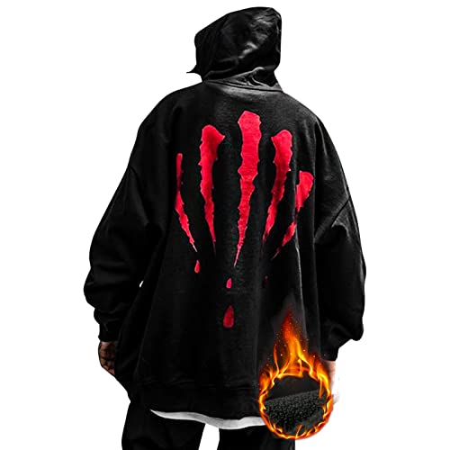 KENAIJING Herren Kapuzen, Basic Langarm Sweatshirts Techwear Harajuku Hip Hop Streetwear Casual (Schwarz und rot, S) von KENAIJING