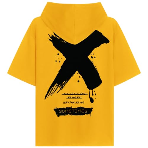 KENAIJING Kurzarm Hoodie Herren, Kurzarm Sweatshirt Backprint Kapuzenshirt Männer T-Shirt mit Kapuze Kapuzenpulli（Gelb, XXL） von KENAIJING