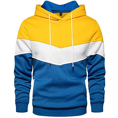 KENAIJING Pullover Herren Langarm Patchwork Unisex Hoodie Casual Kapuzenpullover Basic Sweatshirt Mit Kapuze (S, Gelb) von KENAIJING