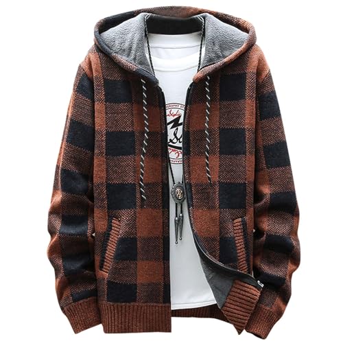 KENAIJING Sweatshirt, Herren Karierte Strickwaren Strickjacke mit Kapuze Warme Oberteile Casual (XL, Braun) von KENAIJING