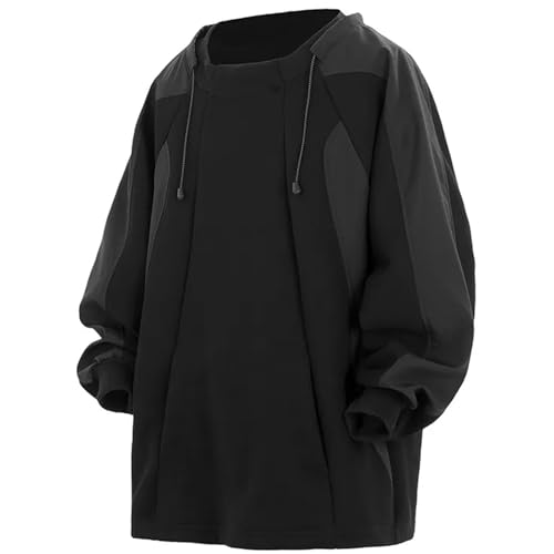 KENAIJING Sweatshirt Herren Casual Hip Hop Rundhals Baumwolle Patchwork Pullover Langarm Streetwear (2XL, Schwarz) von KENAIJING