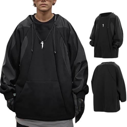 KENAIJING Sweatshirt Herren Patchwork Rundhalsausschnitt Lose Lässiges Pullover Hip Hop (Schwarz, M) von KENAIJING