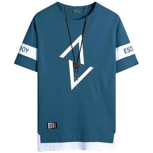 KENAIJING T-Shirt, kurzärmelig Heren Rundhalsausschnitt Basic Casual kurzärmliges Cotton T-Shirt (L, Blau) von KENAIJING