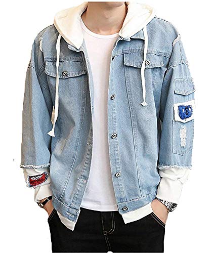 KENAIJING Unisex Jacke Hoodie, Jeansjacke mit Kapuze Sweat-Jacke (Hellblau, 2XL) von KENAIJING