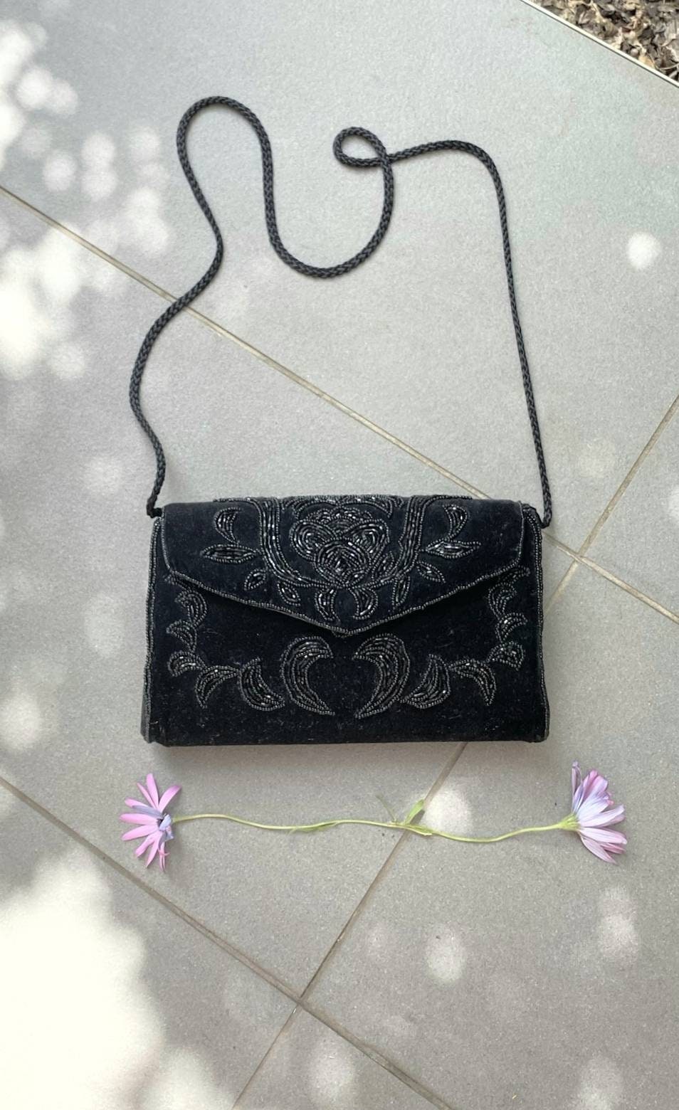 Vintage Beaded Crossbody Abendtasche Perlen Hochzeit Zpurse Schwarze Perlentasche 1980Er Jahre Clutch Verschönerter Crossbody Designer Geldbeutel von KENAIV