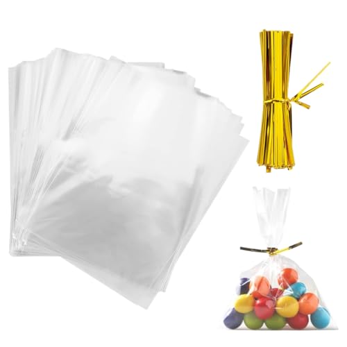100 Stück Transparente Tüten für Süßigkeiten, Transparent kekstüten mit Metallischen Bindebaender für Süßwaren Brot Kekse Kindergeburtstag Gastgeschenke Tütchen(10 x 15 cm) von KENAV