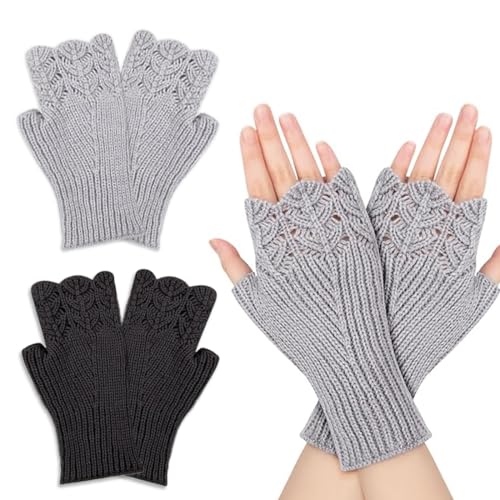 KENAV 2 Paar fingerlose Handschuhe, Damen-Winter-Thermohandschuhe, Strickhandschuhe mit Daumenloch, gestrickte fingerlose Handschuhe von KENAV