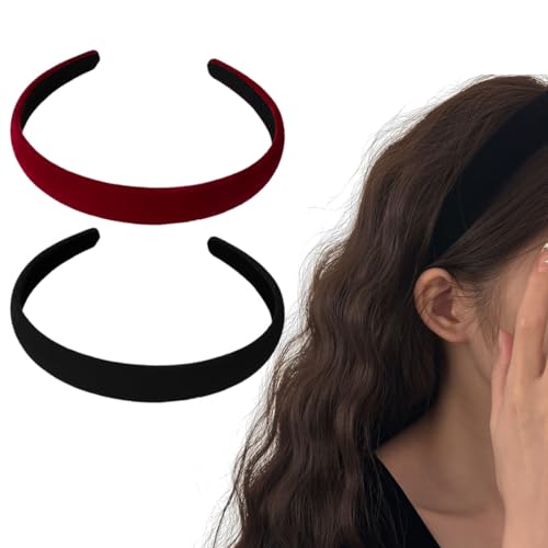 2 Stück Samt Haarreifen Damen, Solides, Einfaches Haarreif für Mädchen, Mode Haarschmuck für Damen Mädchen, Gepolstertes Stirnband aus Samtstoff, Retro Style Haarband (Schwarz/Burgunderrot) von KENAV