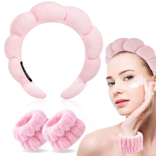 Spa Stirnband Damen Make Up Haarband Waschen Gesicht Wristband Set Abschmink Haarband Schwamm Stirnband für Spa Abschminken Gesicht Waschen Duschen Sport Hautpflege von KENAV
