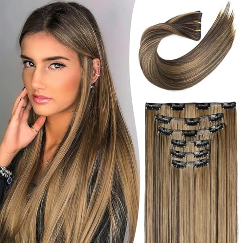 Synthetische schwarze Haarverlängerungen 24"/60cm 140g 6-teilig/Set Damen lang glatt voller Kopf Clip 16 Clips Ombre hitzebeständig 6PS Dunkelbraun 24inch von KENFHH