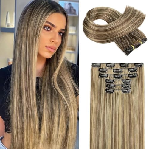 Synthetische schwarze Haarverlängerungen 24"/60cm 140g 6-teilig/Set Damen lang glatt voller Kopf Clip 16 Clips Ombre hitzebeständig 6PS Kühles Braun 24inch von KENFHH