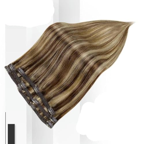 Vollglänzende Clip-in-Haarverlängerungen aus Echthaar, 3-teilig, 100 g, glatt, 12 20, doppelte Tressen, Haarverlängerungen aus Echthaar für Frauen, 4P27, 12 Zoll (100 g), 3 6 Monate (6 Stück) von KENFHH