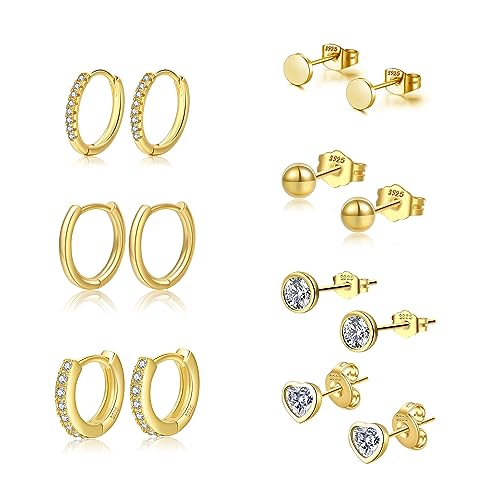 925 Silber Ohrringe, 7 Paar Gold 925 Ohrringe für Damen Hypoallergene Gold Creolen und Ohrstecker Ohrringe Set für Damen und Mädchen, kleine Schlaf-Ohrstecker für mehrere Piercings von KENIY