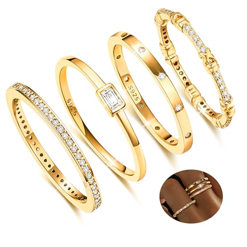 KENIY 4 Stück Gold Ringe Frauen Stapelringe mit Zirkonia 14 Karat Vergoldete Ringe Set Ring Gold Damen Fingerring Daumenringe Verlobungsring Schmuck von KENIY