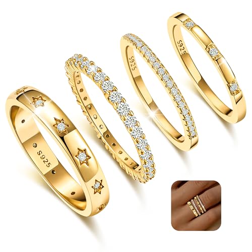 KENIY 4 Stück Gold Ringe Frauen Stapelringe mit Zirkonia 14 Karat Vergoldete Ringe Set Ring Gold Damen Fingerring Daumenringe Verlobungsring Schmuck von KENIY