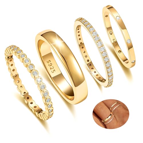 KENIY 4 Stück Gold Ringe Frauen Stapelringe mit Zirkonia 14 Karat Vergoldete Ringe Set Ring Gold Damen Fingerring Daumenringe Verlobungsring Schmuck von KENIY