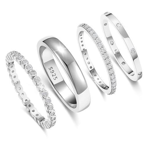 KENIY 4 Stück Silber Ringe Frauen Stapelringe mit Zirkonia 925 Ringe Set Damen Fingerring Daumenringe Verlobungsring Schmuck von KENIY