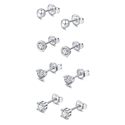 Sterling Silber Ohrstecker 4Pairs Ohrstecker Silber 925 für Damen Hypoallergen Ohrstecker Ohrringe Set für Damen Mädchen kleine Schläfer Ohrringe für Mehrere Piercings von KENIY