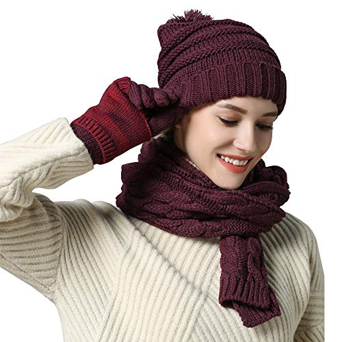 SHADDOCK Mütze Schal Handschuh-Sets für Damen Stricken Mütze Hut Gestrickte Langer Schal Touchscreen-Handschuhe Unisex 3 in 1 Winter Kombi Geschenkset(Braun) von SHADDOCK