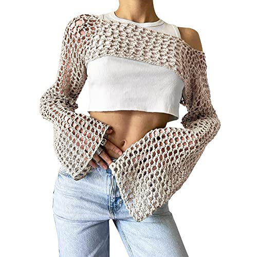 KEOMUD Damen Mesh Crochet Crop Top Langarm Hollow Out Cropped Knit Sweater Bikini Strand durchsichtig Cover Ups, Beige, Groß von KEOMUD