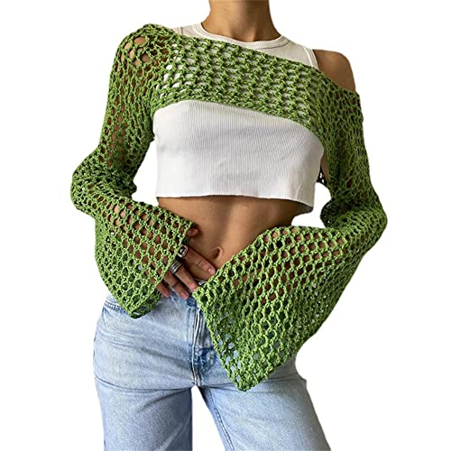 KEOMUD Damen Mesh Crochet Crop Top Langarm Hollow Out Cropped Knit Sweater Bikini Strand durchsichtig Cover Ups, Grün, Medium von KEOMUD