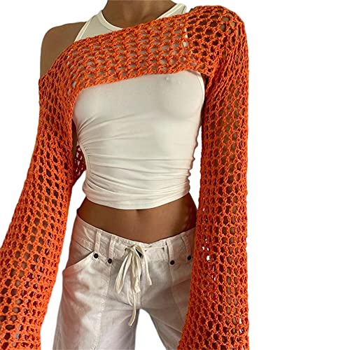 KEOMUD Damen Mesh Crochet Crop Top Langarm Hollow Out Cropped Knit Sweater Bikini Strand durchsichtig Cover Ups, Orange, Klein von KEOMUD