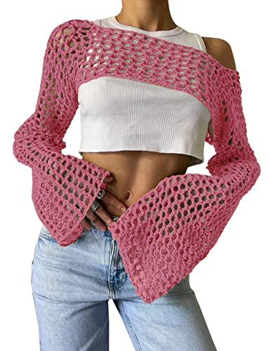 KEOMUD Damen Mesh Crochet Crop Top Langarm Hollow Out Cropped Knit Sweater Bikini Strand durchsichtig Cover Ups, Pink, Klein von KEOMUD