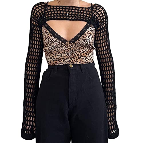 KEOMUD Frauen Mesh Häkeln Crop Top Langarm Aushöhlen Cropped Knit Pullover Bikini Strand Durchsichtig Cover Ups, 02schwarz, Small von KEOMUD